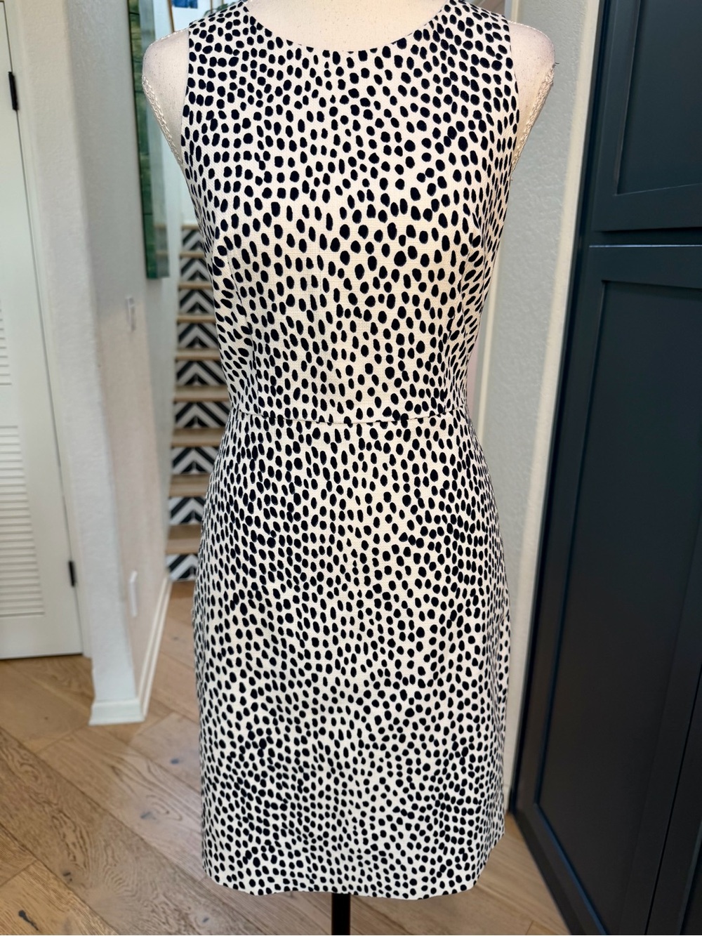 J. Crew Navy and White Sleeveless Dotted Sheath Dress SZ 00 Lined 100%Cotton